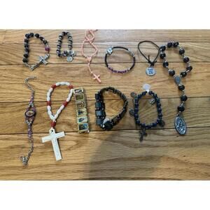 Lot of 11 Catholic Bracelets Mixed Styles Crosses & Saints Stretch Cord